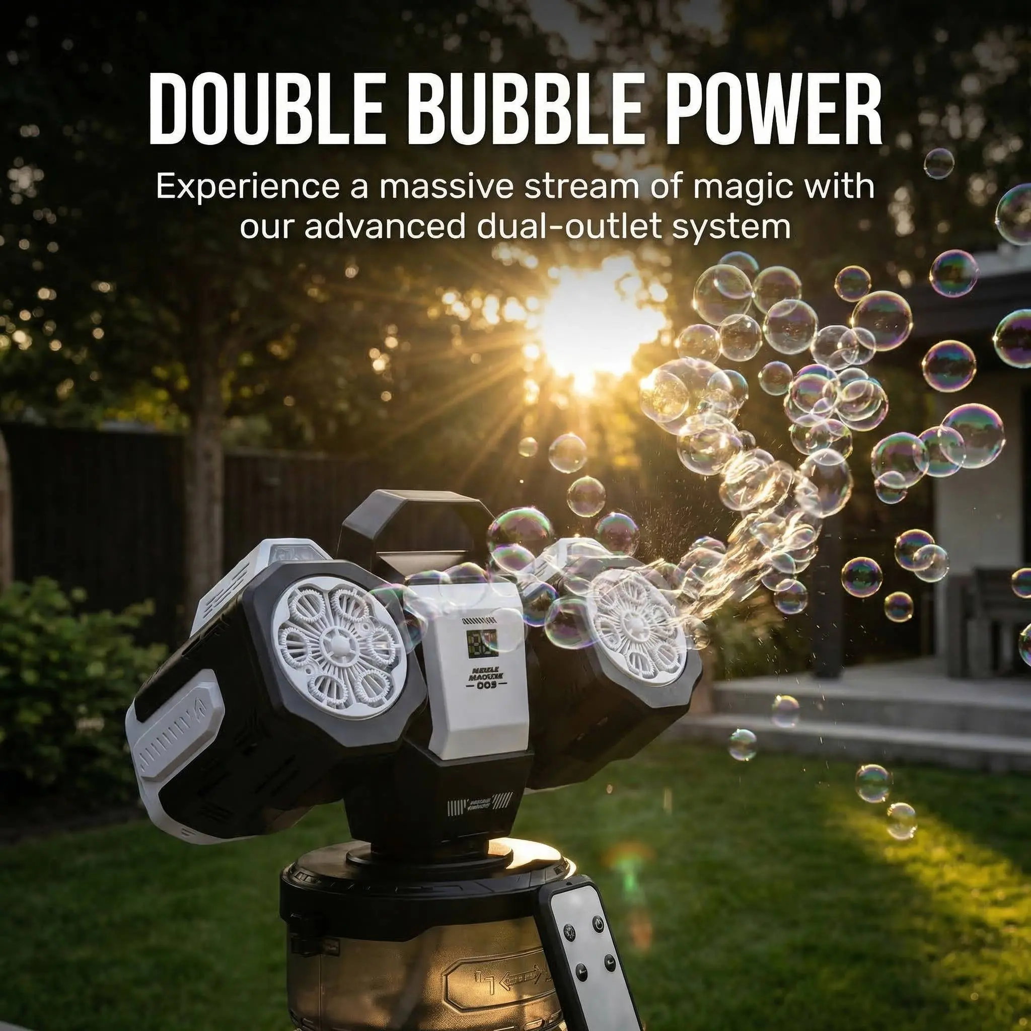 Double-Head Remote Control Bubble Machine, Rechargeable RGB Atmosphere Light, 360° Auto Rotation, Perfect for Parties, Events, Outdoor Fun, Party Bubble Machine