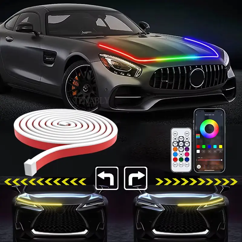 12V LED Car Hood Light RGB With Turn Signal DRL Multifunctional APP Control Neon Strip Daytime Running Light Car Decoration Lamp, Car Led Lights, Adjustable Atmosphere Light