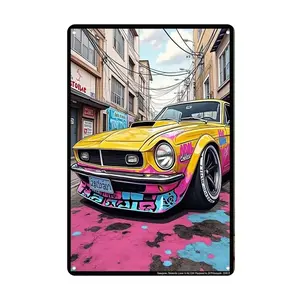 1pc Vibrant Urban Street Art: Custom Yellow Ford Mustang Lowrider in Cityscape Metal Tin Sign - Rustic Iron Wall Art for Home, Office, Cafe, Bar, and Garage Decor - Easy to Hang, Versatile for Holiday and Seasonal Decorations