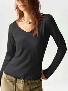 Boho Style All-Season Knitted V Neck Long Sleeve Fitted Women's T-Shirt, Bohemian Casual Vacation Plain Inner Outerwear Top, Fashionable Ladies' Clothing