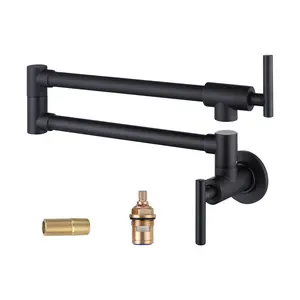 WOWOW Pot Filler Faucet Matte Black Commercial Wall Mount Stove Faucet, Brass Pot Filler Folding Faucet over Stove, Kitchen Pot Faucet with Double Joint Swing Arms