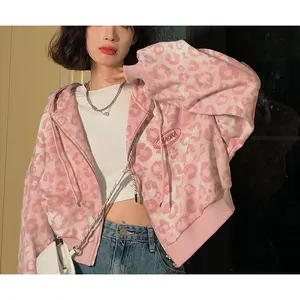 Pink Leopard Print Short Cardigan Jacket for Women, New Loose Hong Kong Style Retro Hooded Sweatshirt for Spring and Autumn