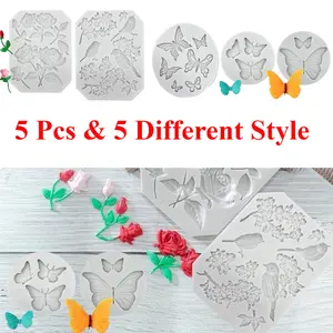 5 Pack Silicone 3D Cake Decoration Molds Set, with Butterfly Rose Flower Design,Versatile Baking Accessories,For Making Chocolate,Fondant Polymer,Clay Soap Crafting and DIY Projects-Perfect Cake Decoration Tools for Christmas, Halloween,Thanksgiving