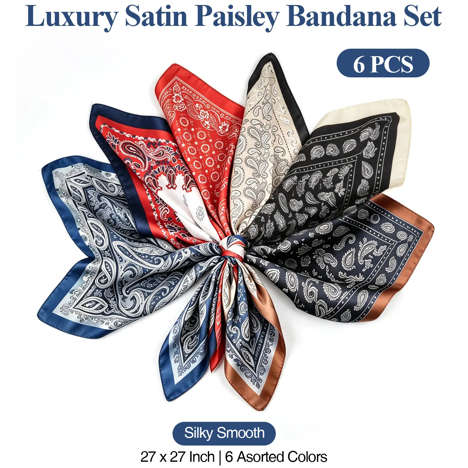 6Pcs Paisley Bandana Set, Large 27x27 Inch Silky Satin Polyester Square Scarf, Unisex Western Boho Hair Wrap Neck Scarf, Beach Cover Up, No‑Fade for Daily Casual Party Birthday Events