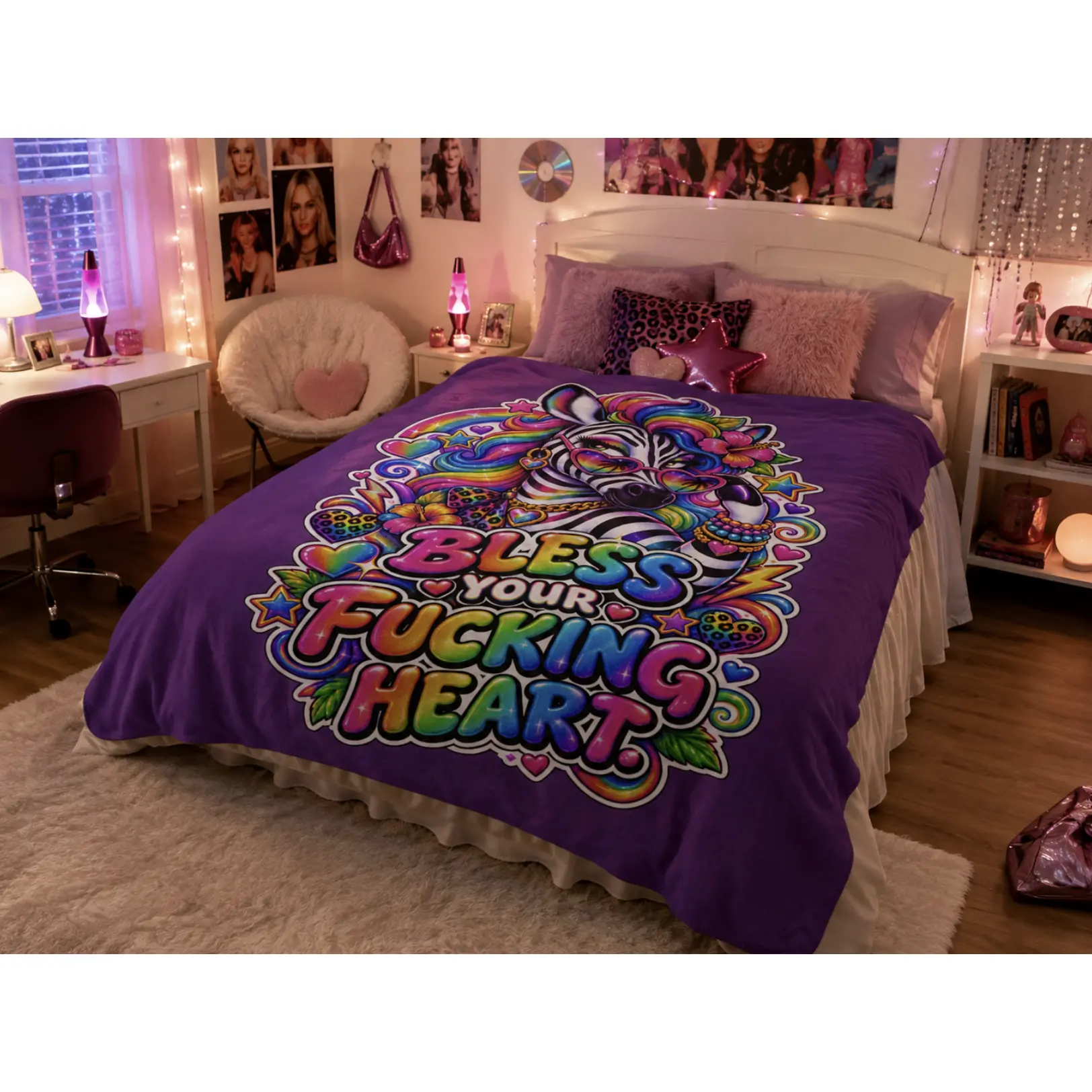 Rainbow Zebra 'Bless Your Fucking Heart' Fleece Sherpa Blanket | Colorful Animal Art | Millennial Y2K Inspired | 90's Kids