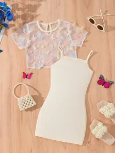 Girls' Summer Butterfly Two-Piece Set, Casual Fashion Dress & Mesh T-Shirt, Perfect for Outdoor or Home Wear