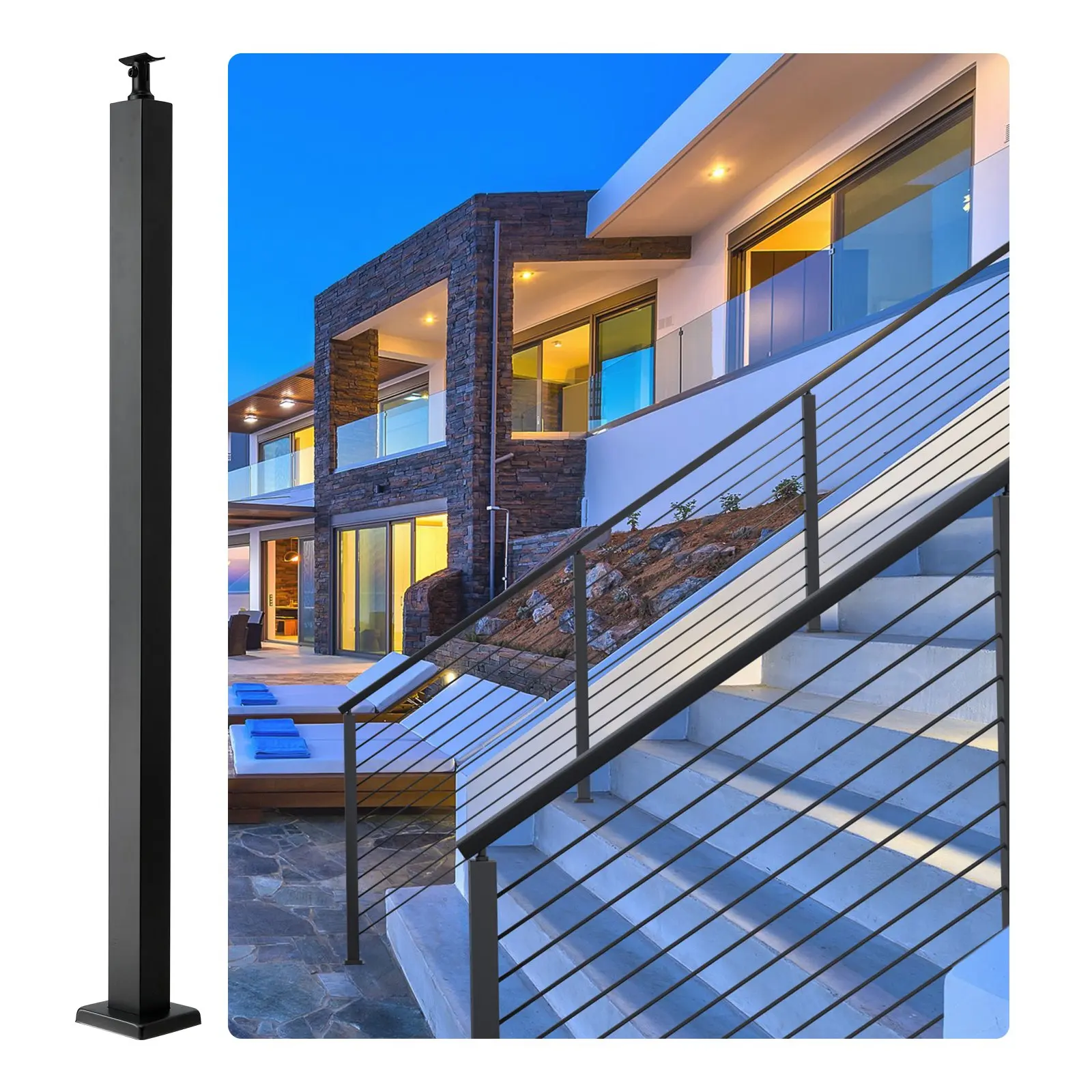 36" x 2" x 2" Cable Railing Post – 1-Pcs SUS304 Stainless Steel Level Deck Post (Without Holes) | Black, with Horizontal & Curved Brackets for Stair Handrail