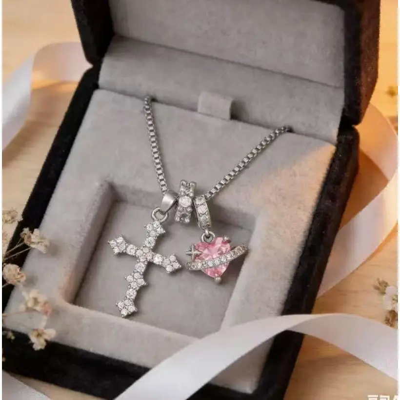 LisiZen TikTok Viral Planet Heart Cross Necklace with Micro-Inlaid Zircon Collar Chain for Cross-Border E-Commerce DZXL4140/DZXL4141