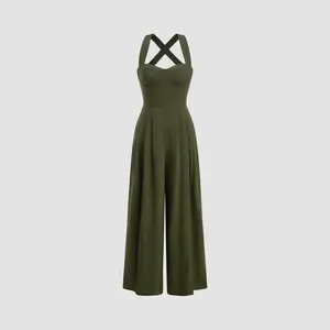 Cider Linen-blend Square Neck Criss Cross Pleated Jumpsuit
