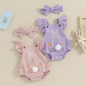 REDWOON Baby Girl Easter Outfits Bunny Ruffle Butts Sleeveless Onesie Backless Bubble Romper Headband Infant Summer Clothes
