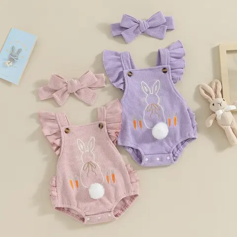 REDWOON Baby Girl Easter Outfits Bunny Ruffle Butts Sleeveless Onesie Backless Bubble Romper Headband Infant Summer Clothes