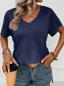 Women's Pop Loading 2025 Letter Print V Neck Tee, Casual Star Print Short Sleeve T-Shirt for Daily Wear, Ladies Clothes for All Seasons, Summer