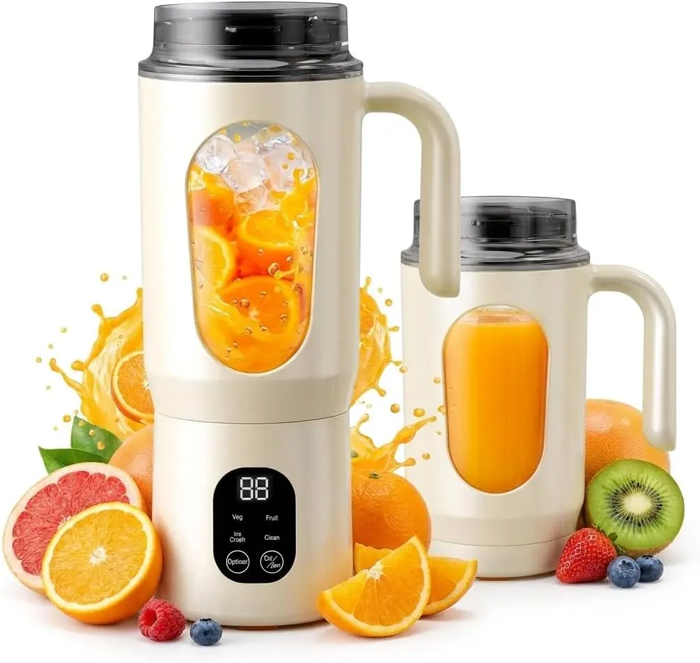Portable Blenders - USB Rechargeable Handheld Juice Blender, Li-Ion Battery-Powered Plastic Mini Kitchen Appliance with LED Display, for Smoothies, Ice Crushing (White)