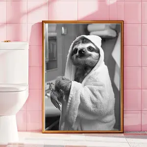 Funny Sloth Poster, Silly Bathroom Sloth Antics, Animal Art Bathroom Wall Decor Black And White, Cute Bathroom Artwork Printable No Frame