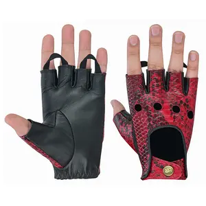 Men Python Snake Embossed Leather Gloves Fingerless Burgundy Black