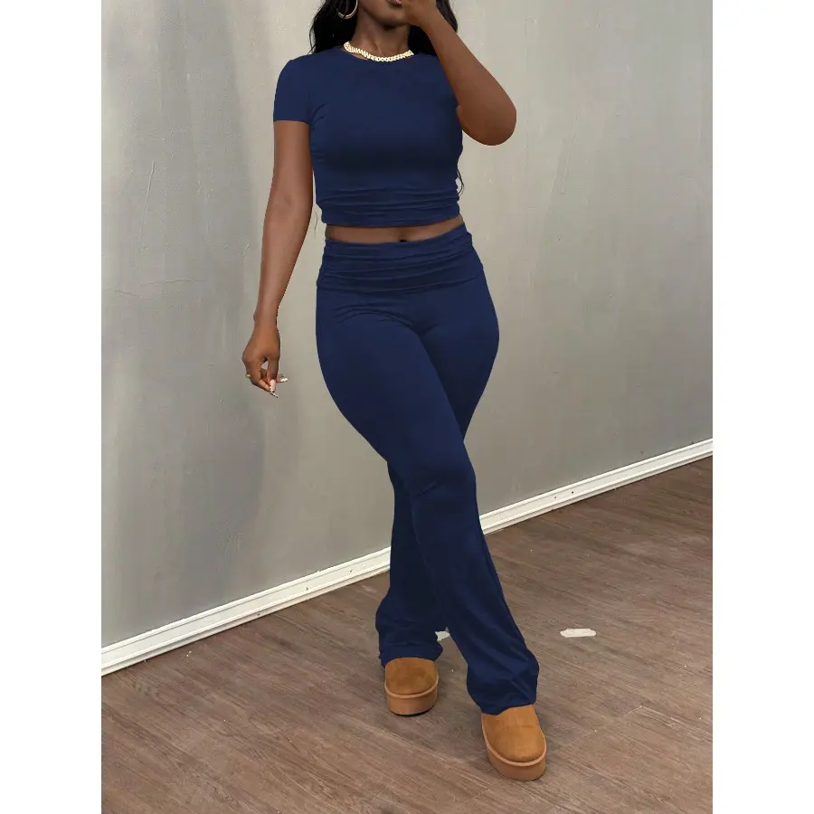 Women's 2 Piece Pants Set, Solid Short Sleeve Crop Top and Fold Over Waist Flare Pants Matching Outfit