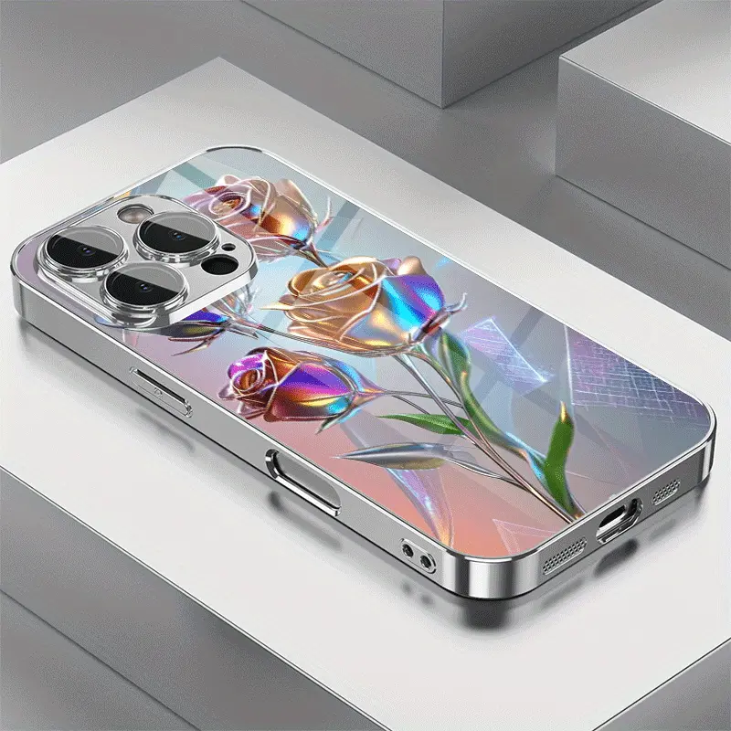 Cool Colorful Rose Design Pattern Electroplated Shockproof Glass Phone Case,for iPhone 17 Pro Max Phone Case 17 Air 16E 16 Pro Max 15 Pro Max 15 Plus 14 Plus 13 12 11 Phone Cases