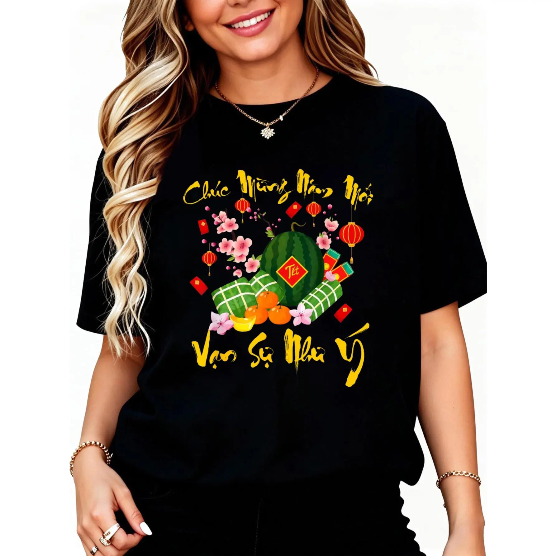 100% Cotton Vietnamese Lunar New Year Chuc Mung NAM Moi Van Su NHU Y T-Shirt