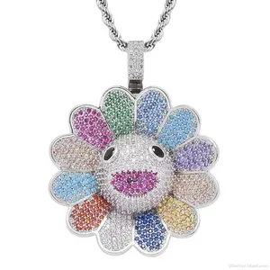 2025 Personalized Fashion Design Necklace Men's Hip Hop Sunflower Pendant Micro-Inlay Zircon Colorful Flowers Rotable -Q