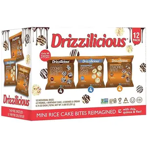 Drizzilicious Mini Rice Cakes Variety Pack [Cookies & Cream, Birthday Cake, S'mores] - Rice Crisps, Healthy Snack for Adults and Kids, Flavored Rice Cakes, Vegan, Gluten Free, Allergen Free, Only 90 Calories Per Bag - 0.74 oz (Pack of 12)
