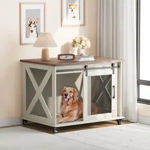 37" Wooden Dog Crate Furniture End Table with Sliding Barn Door, Flip Top & Wheels, Indoor Dog Kennel with Removable Divider, Stylish Decorative Pet Cage House for Medium Dogs