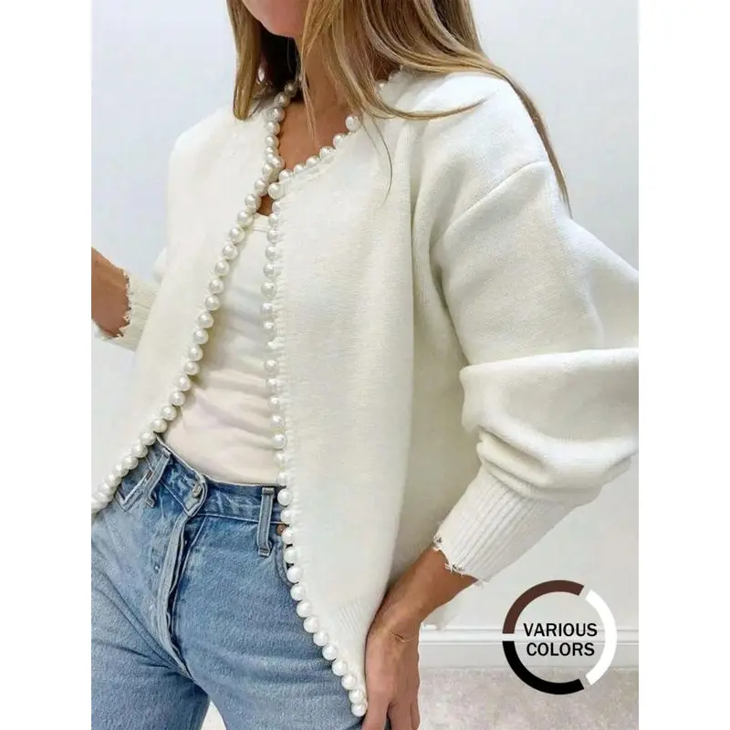 Women's Solid Faux Pearl Decor Drop Shoulder Cardigan, Casual Long Sleeve Open Front Knitwear for Fall & Winter, Fashion Women's Knit Clothing for Daily Wear