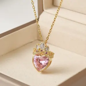 Romantic Crown Heart Pendant Necklace -Exquisite Fashion Jewelry for Women,Featuring Pink and White Colors, Delicate Design, Suitable for Various Occasions, Perfect Gift for Loved Ones