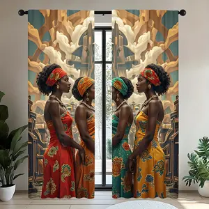[2pcs African-Inspired Curtains] 2pcs African-Inspired Polyester Knit Curtains | Black History Month Landscapes Print, Machine Washable, Contemporary Rod Pocket Drapes for Various Rooms, Easy Installation