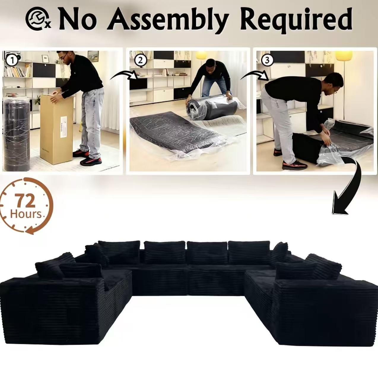 137-Inch Oversized U-Shaped Modular Cloud Sofa, 8-Seater Black Boneless Sectional Couch with Chaise Lounge, No-Assembly Deep Seat Living Room Furniture, Shipped in 2 Boxes