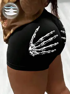 Women's Skull Hand Pattern Tight Shorts, Streetwear Summer Sports Shorts, Cool Dark Street Style, Running Exercise Sportswear, Home Wear, Versatile Soft Comfortable Fabric