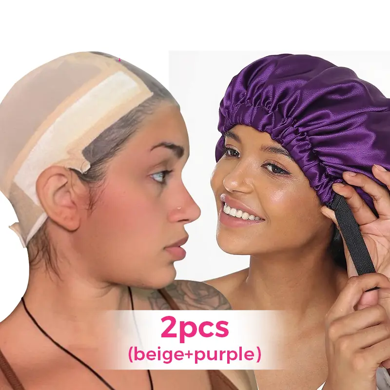 Wig Cap(Beige)&Silk bonnet(Purple)