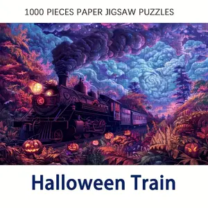 1000 Pieces Halloween Train Jigsaw Puzzle, 27.56x19.69inch, Adult Difficulty, Paperboard, Rectangular, White, Spooky Halloween Series Game