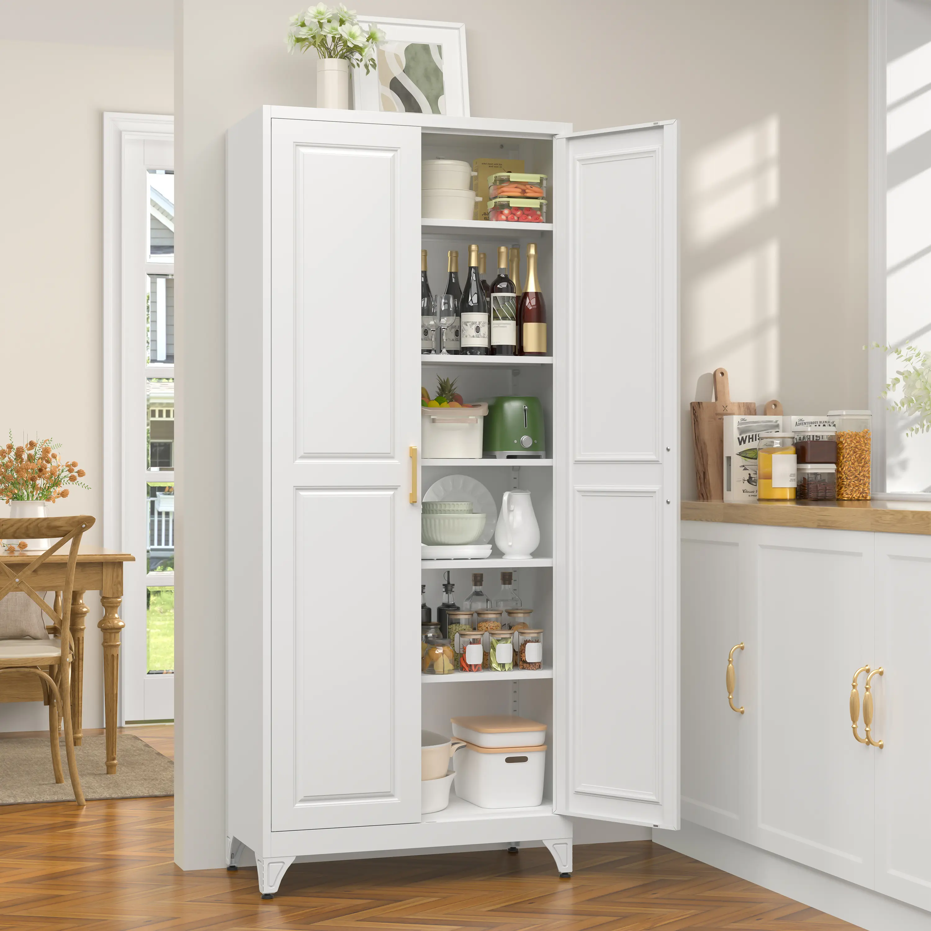 POLUP 75”Metal Pantry Storage Cabinet with Doors & 5 Adjustable Shelves | Kitchen Pantry Cabinet,White Kitchen Cabinet with 2 Gold Handles,Tall Cabinet for Livingroom,Pantry, Bathroom,Kitchen,Garage