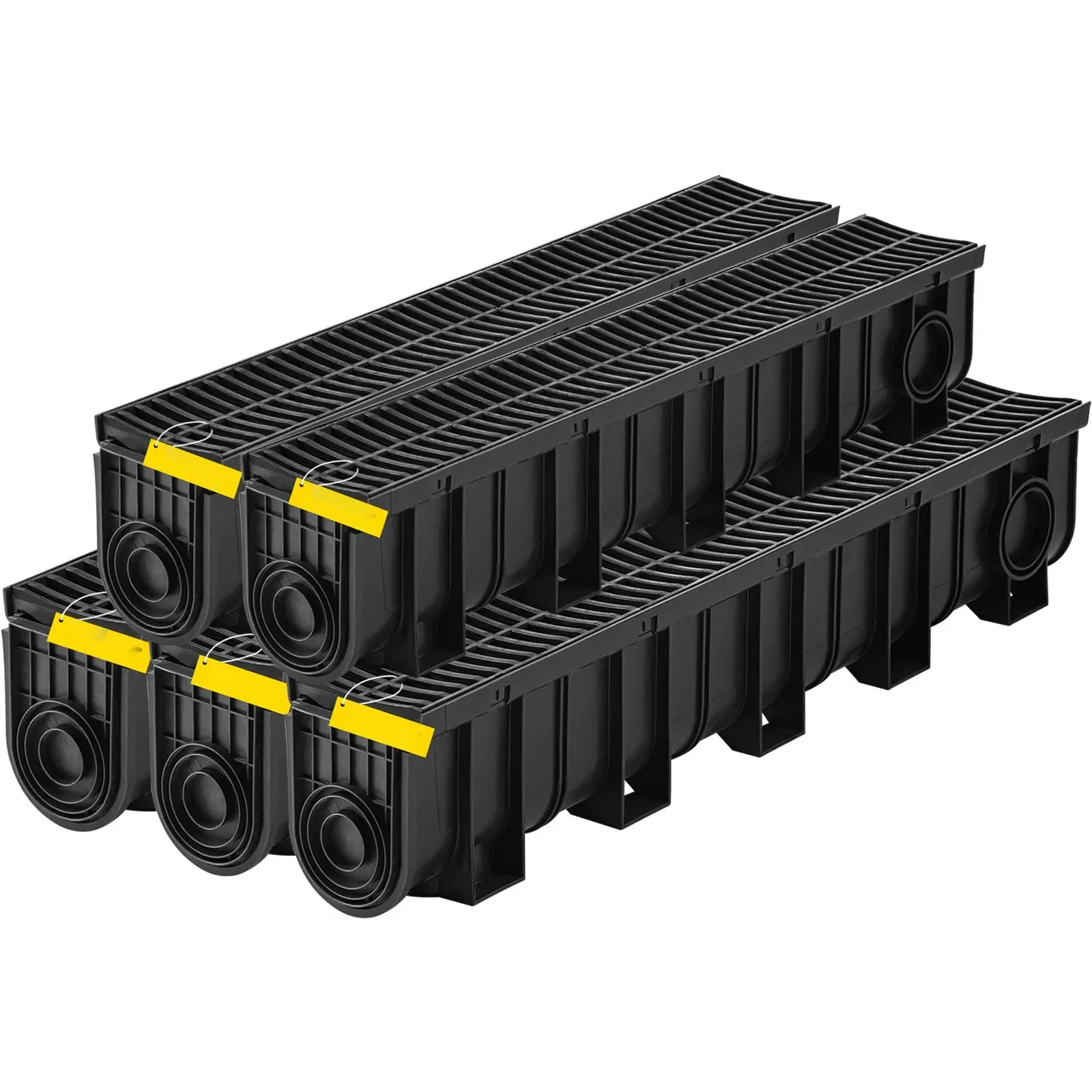 Trench Drain System, Channel Drain With Plastic Grate, 5.9x7.5-Inch HDPE Drainage Trench, Black Plastic Garage Floor Drain, 5x39 Trench Drain Grate, Includes 5 End Caps, Suitable For Garden, Driveway And Patio, 5 Pack