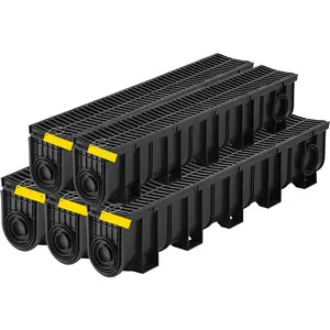 Trench Drain System, Channel Drain With Plastic Grate, 5.9x7.5-Inch HDPE Drainage Trench, Black Plastic Garage Floor Drain, 5x39 Trench Drain Grate, Includes 5 End Caps, Suitable For Garden, Driveway And Patio, 5 Pack