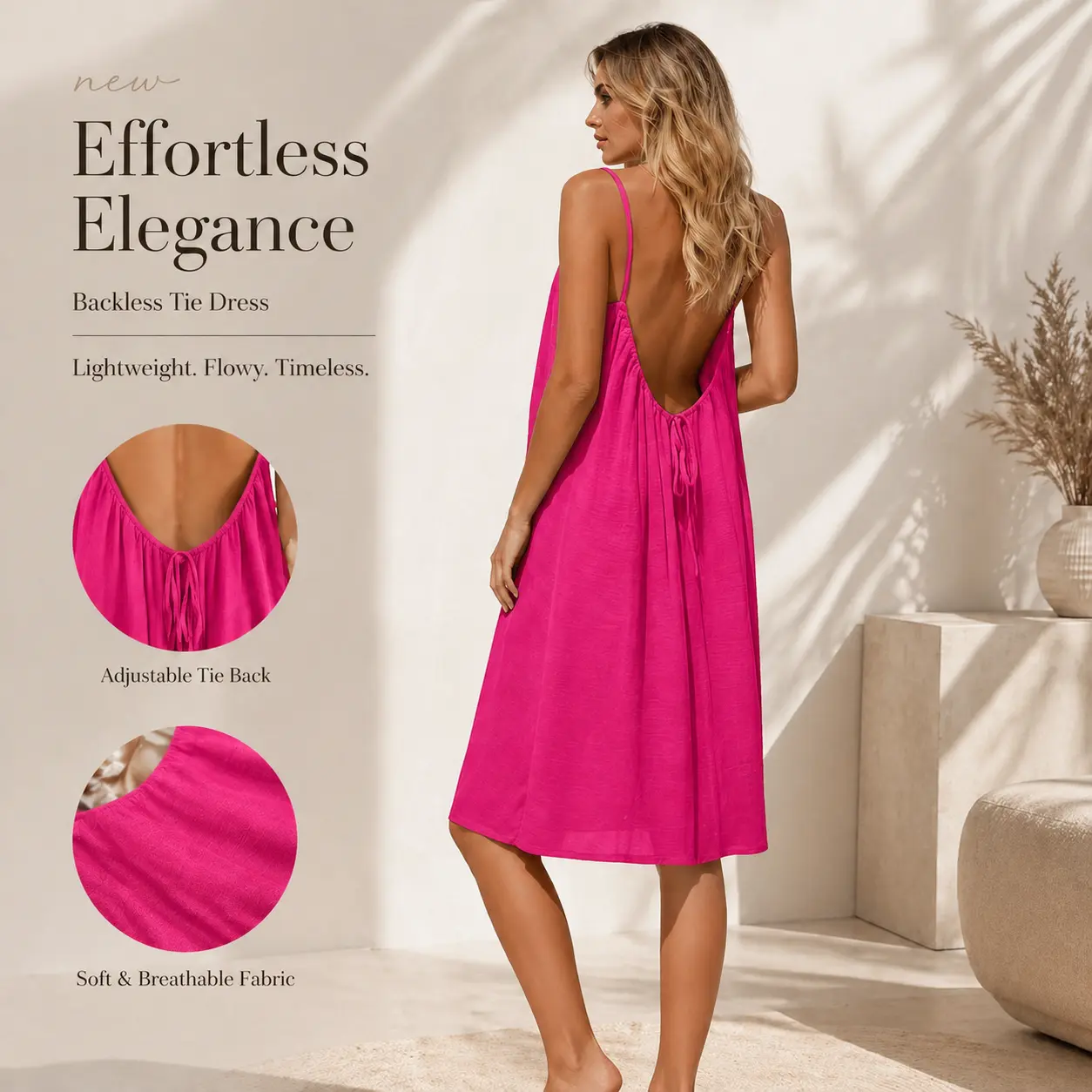 Women's Backless Tie-Back Slip Dress, Lightweight Breathable Casual Sundress, Relaxed Fit Spaghetti Strap Homewear Mini Dress