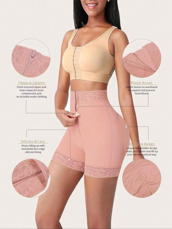Women's Plain Lace Trim High Waist Shaping Leg Shaping Bottom, Tummy Control Compression Butt Lifting Zipper Shorts, Women's High Waisted Shapewear Bottoms for Daily Wear