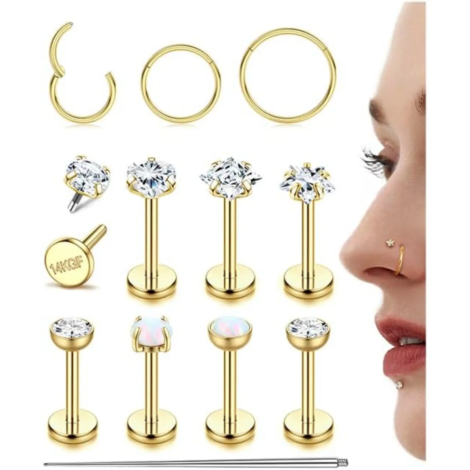MILACOLATO 14K Plated Gold Filled Nose Rings Studs for Women Men - 18G 16G Hypoallergenic Surgical Steel Nose Rings Hoops Opal CZ Internal Thread Flat Back Studs for Women Lip Nostril piercing jewelry, Nose Piercing