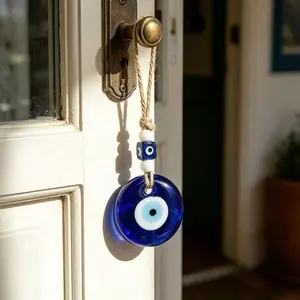 Evil Eye Wall Decor, Blue Glass Turkish Greek Nazar Amulet, Luck and Protection Ornament, Hand Hanging Decoration for Home, Office, Garden, Door