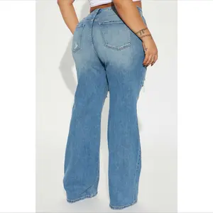 Fashion Nova Remi Semi Ripped Baggy Jeans Medium Wash Wide Leg Denim Pants for Women