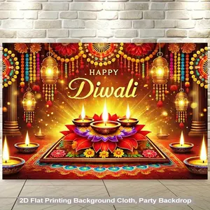 1pc 2D Flat Vibrant Diwali Celebration Backdrop - Festive Polyester Fabric with Traditional Lanterns Flowers & "Happy Diwali" Text Perfect for Living Room Bedroom Office or Party Decor No Electrici