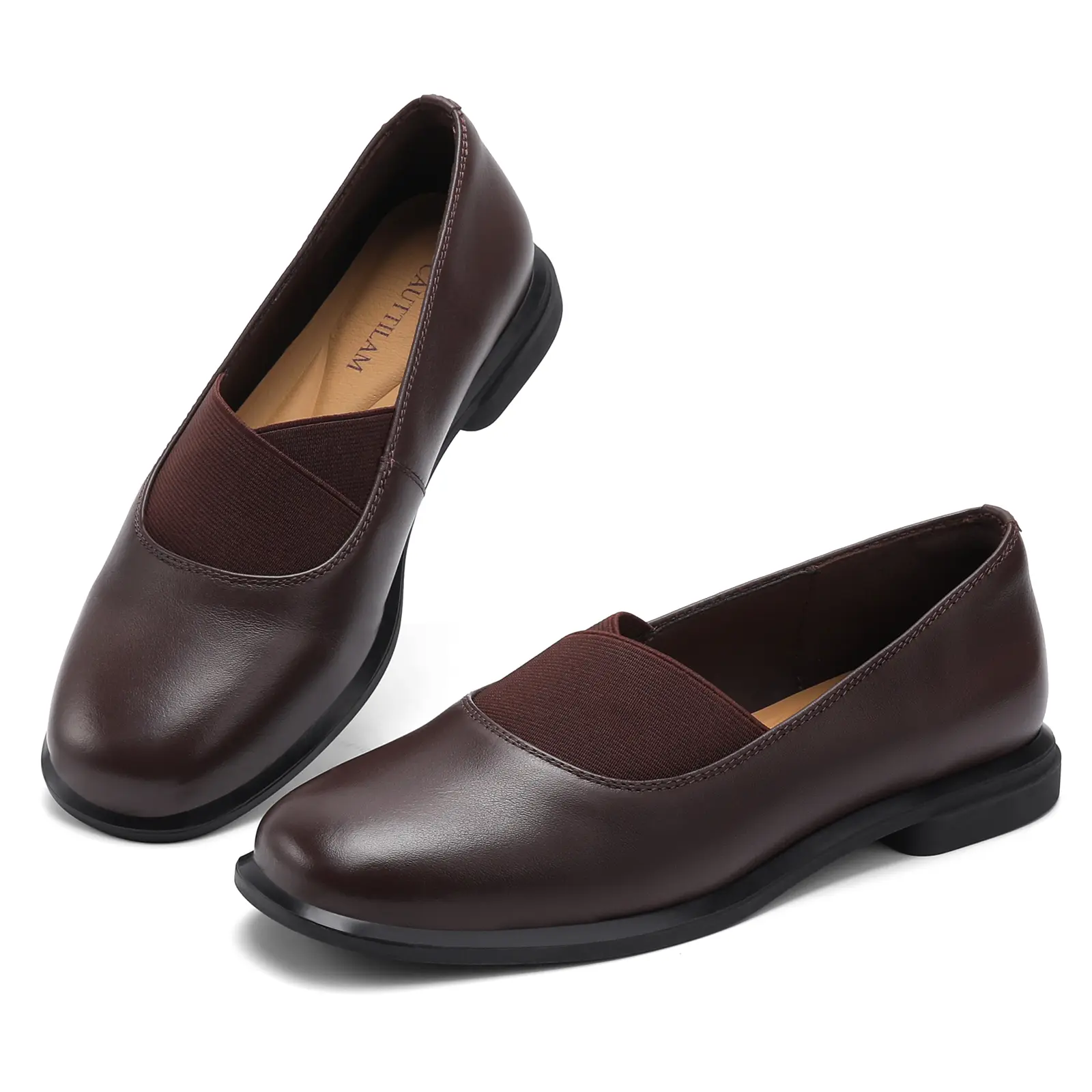 Women's Stretch Gore Slip-On Comfort Walking Loafers | Genuine Leather,Comfort Round Toe Flats with Elastic,3 Colors (Apricot, Black, Brown)