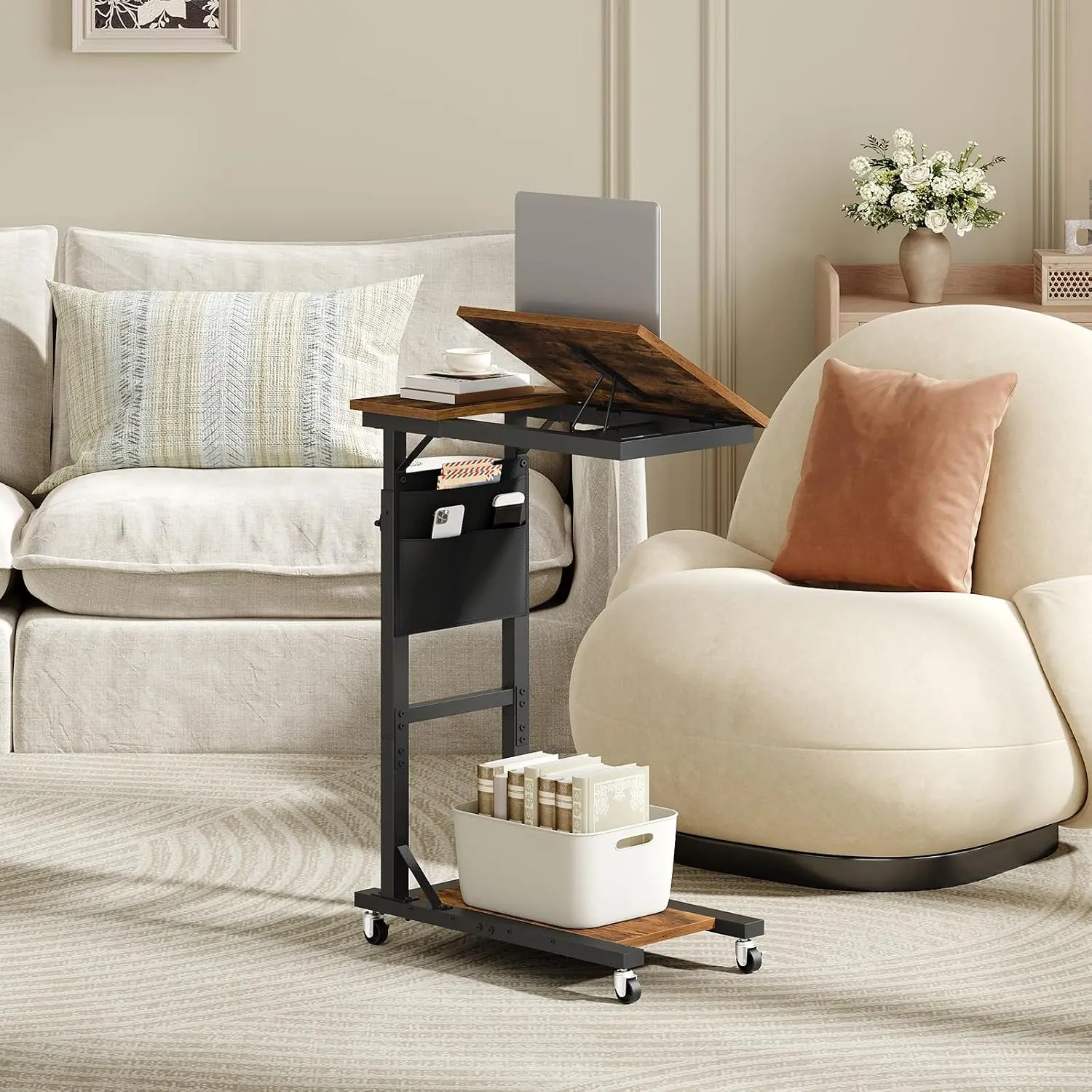 Overbed Table, Mobile Bedside Table for Room,|-Side Table, 34.5"-41.5" & 5-Angle Tilt, 2 Desktop, 3 Pockets, Rolling Wheels, Fits Bed/Sofa/Recliner