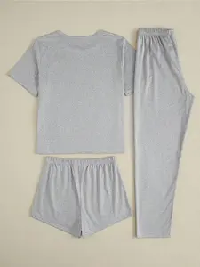 Women's Three-Piece Pajama Sleepwear Loungewear Set, Colorful Animal Footprint Heart Print Design, Casual Fitted Style for All Seasons