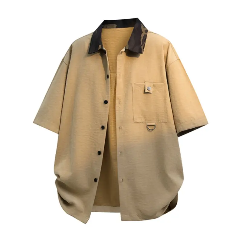 Men's Loose Baggy Camo Shirt Jacket, Stylish Shortsleeve Streetwear Overshirt with Contrast Collar and Cargo Pockets for Summer, Casual, Valentines Day, Relaxed Fit, Open Front, Poly Blend, Machine Wash, M, 2Xl, Button, Collared Neck, New Year, Woven