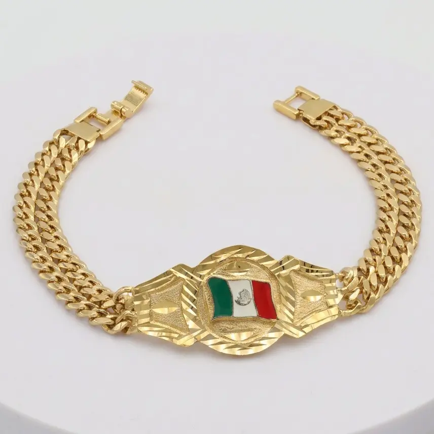 Gold Mexico Flag Bracelet 14k Heavy Plated Gold For Men LIfetime Replacement Guarantee