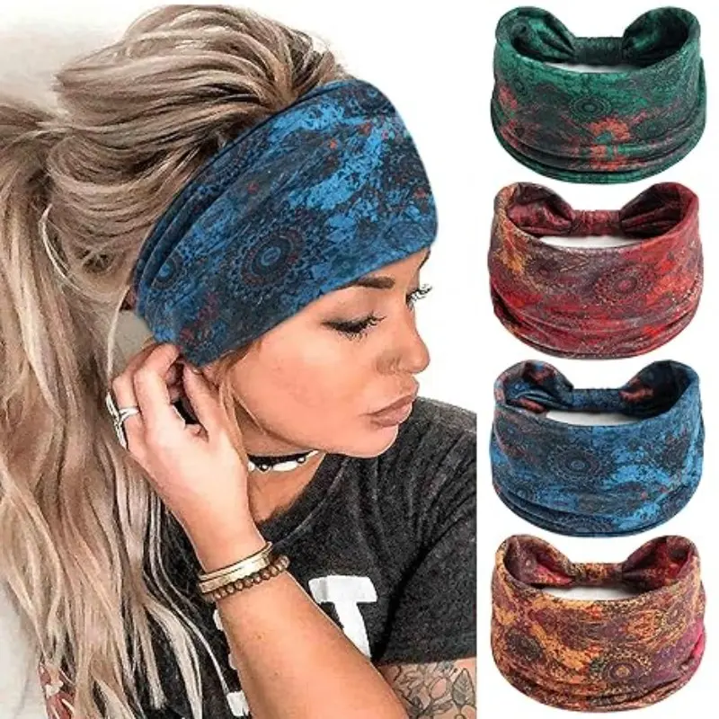 4 Piece Boho Style Women's Hairbands, Soft Fabric Sweat-Wicking Headscarf, Anti-Slip Elastic Sports Bandana, Fashion Accessory for Teens Girls, Workout Headband, Sweat Absorbing Headband, Sweatband Headband, Sports Headbands