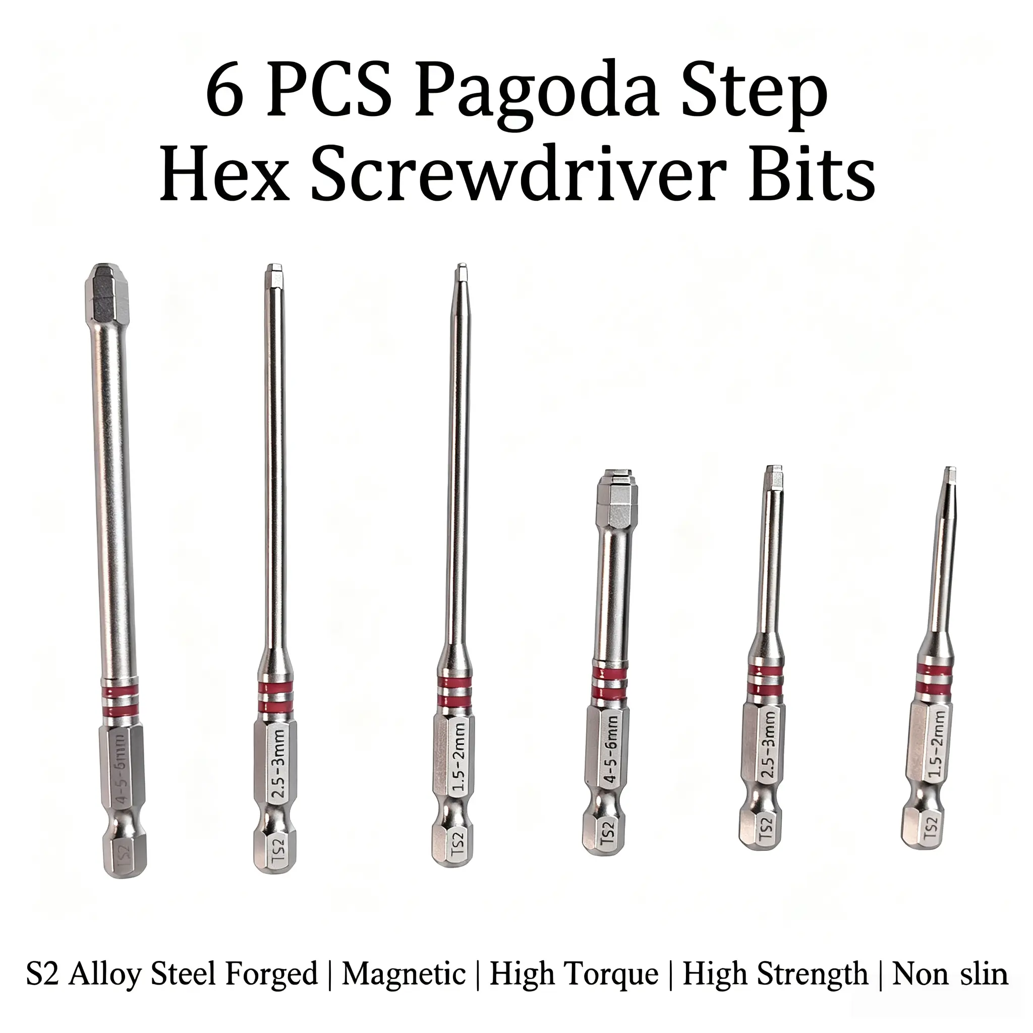 6pcs Screwdriver Bits Set with Magnetic Hex Shank Pagoda-Shaped Design in Multiple Sizes for Electric Drills and Wrenches-YY1