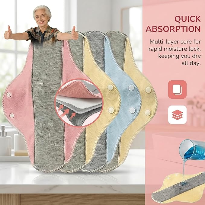 Reusable Washable Incontinence Pads for Women | Leak-Proof, Waterproof & Breathable | Pure Cotton & Bladder Leak Protection (Multicolor 4)