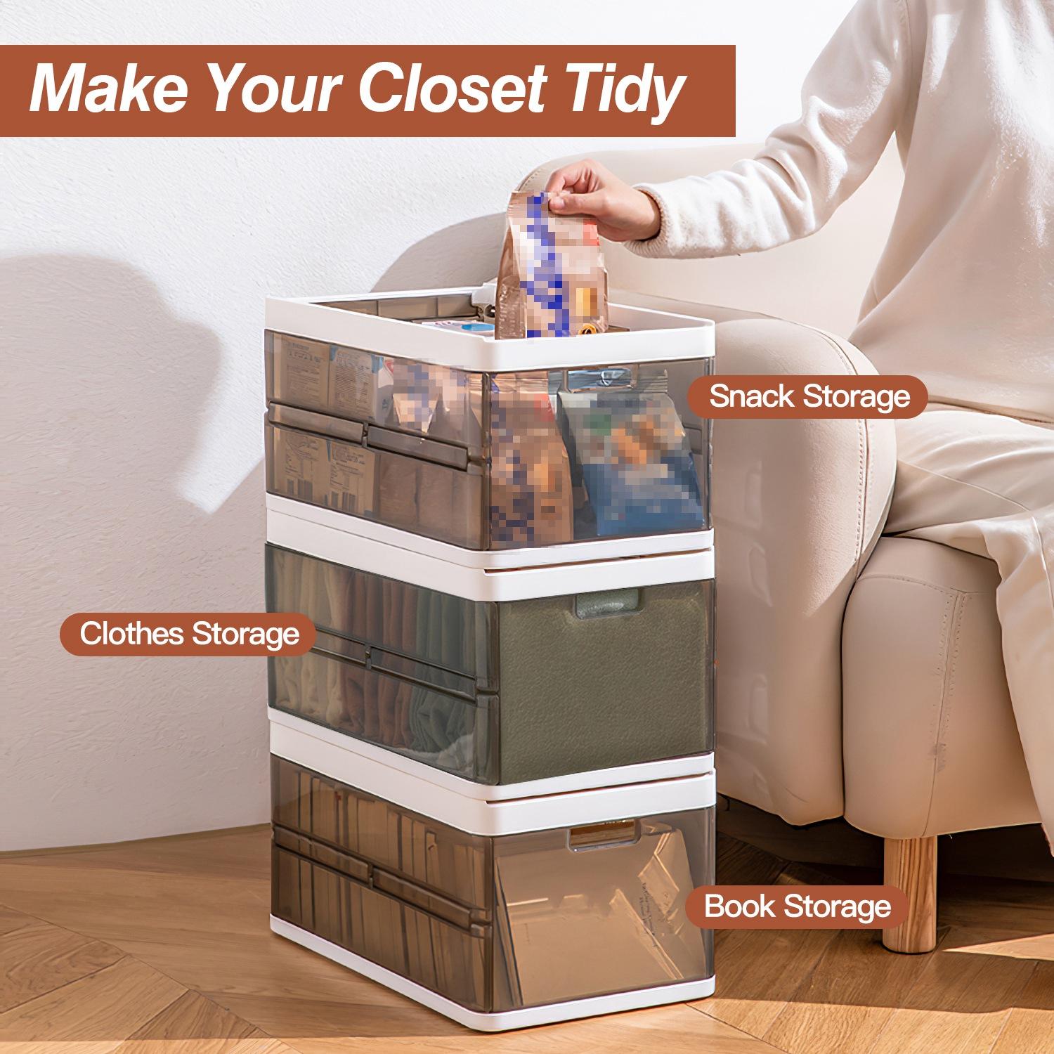 Set of 3 foldable storage boxes with lids, stackable plastic cabinet organizers, with handle dividers and a foldable drawer organizer, suitable for toys and clothing. Collapsible Multifunctional Bins